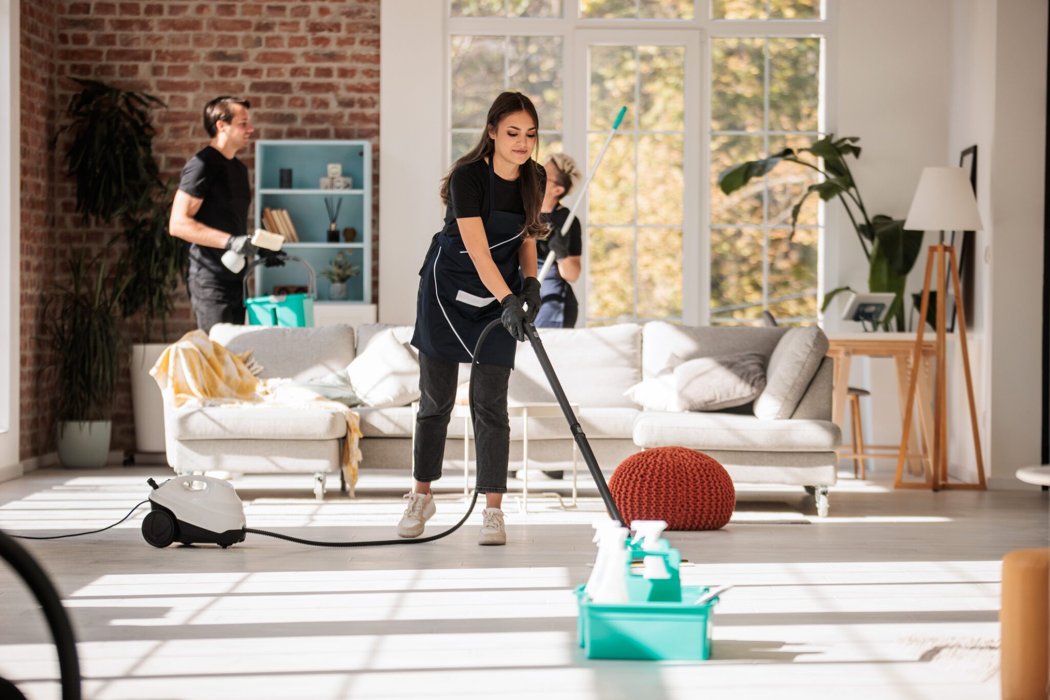 Vacuuming and organizing a bright living space